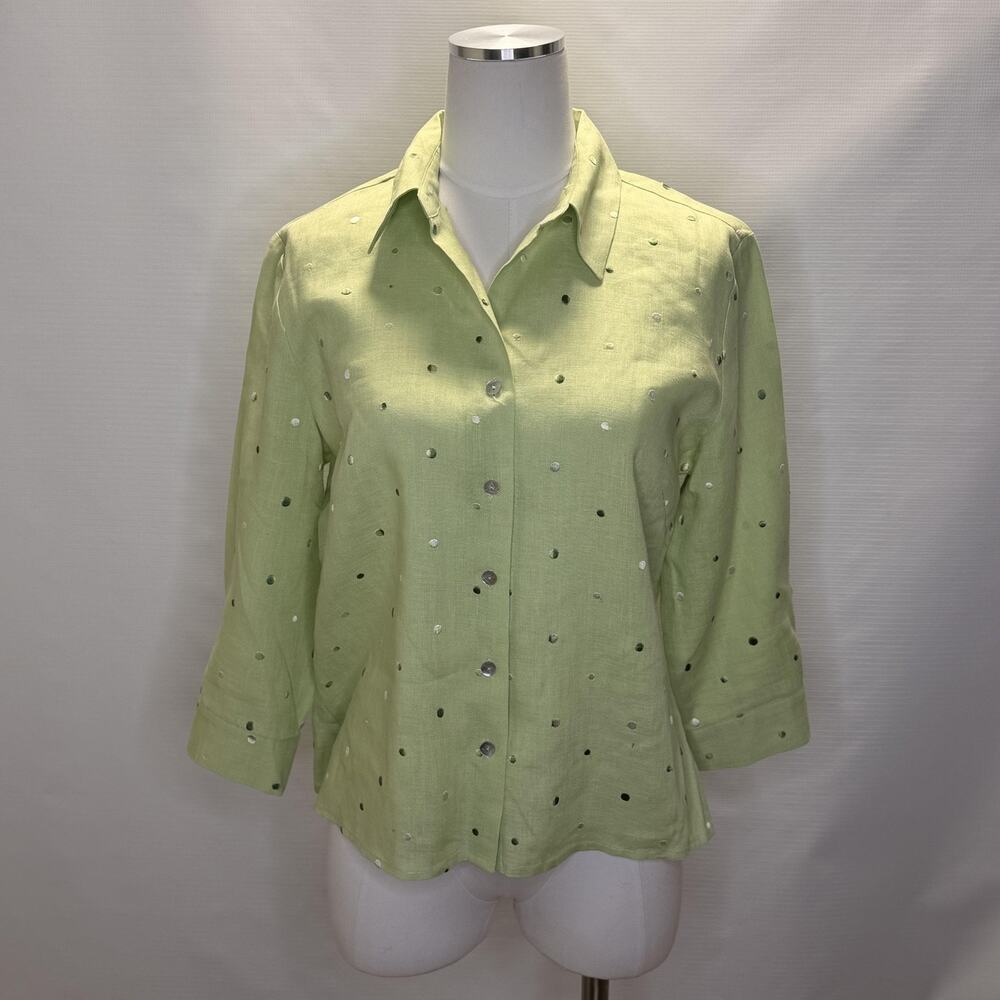 Richard Malcolm Shirt Womens Large Green Irish Linen Polka Dot 3/4 Sleeve Top